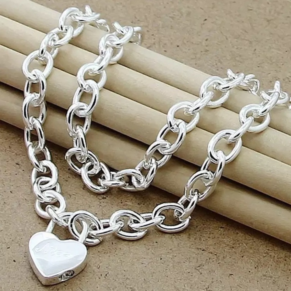 Sterling Silver Heart Lock Necklace Bracelet Chain Link Matching Set - Picture 5 of 6